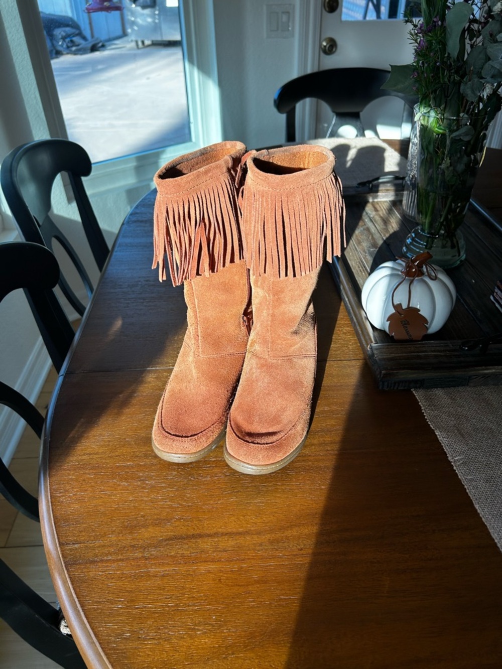 Fringed Suede Mid-Calf Boots — Rust